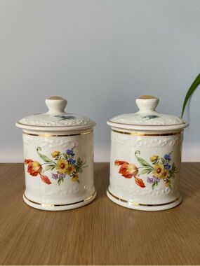 Vintage Crown Devon Floral Porcelain Lidded Vanity Jars Canisters Set of Two